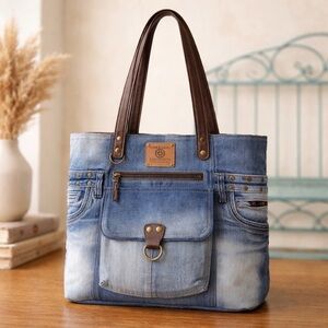 Myra Bag Blue Denim Tote with Brown Leather Handles